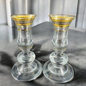 Vintage Glass Candlestick Holder Set 2 Clear Crystal With Gold Painted Decor Top
